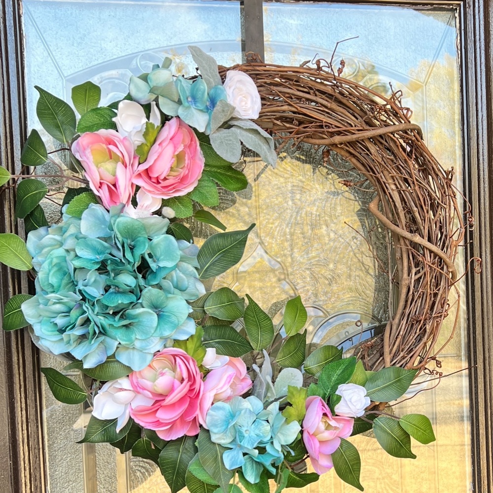 Front Door Wreath Spring Year Round Wreath Hyrdrangeas Lambs Ear Pastel Flowers